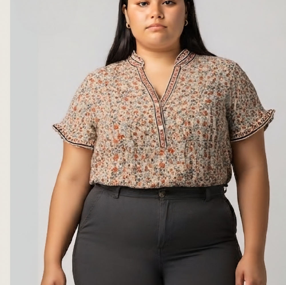 Max Studio Cream and Brown Ruffled Blouse with Mandarin Collar